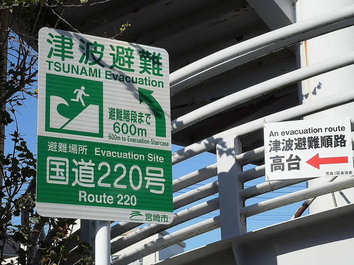 Green bilingual Japanese tsunami evacuation sign pointing to an evacuation staircase and higher ground
