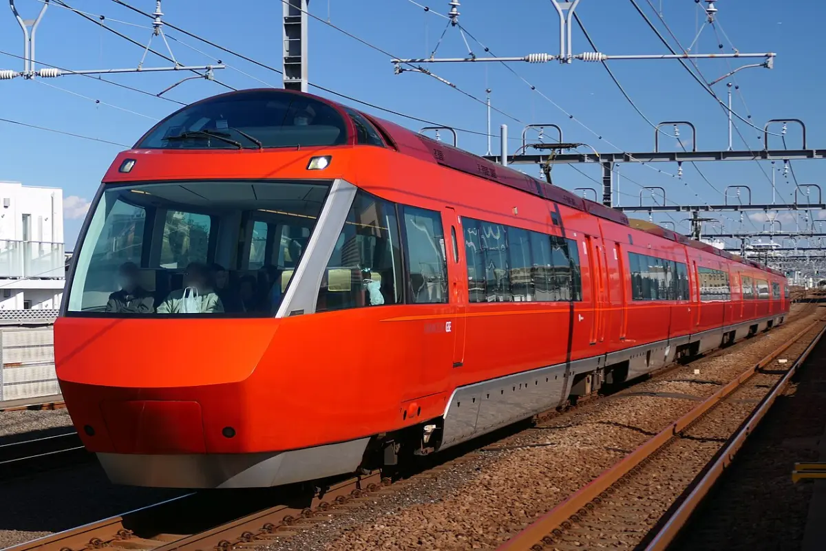 Red Odakyu Romancecar 70000 series GSE limited express train bound for Hakone-Yumoto
