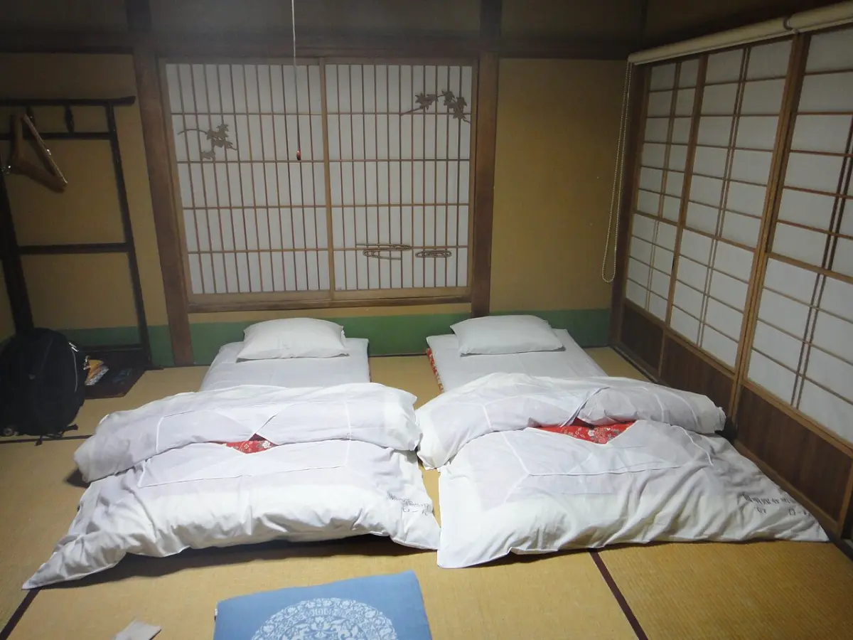Japanese-style tatami room (washitsu) with two futons and shoji screens at a Tokyo ryokan
