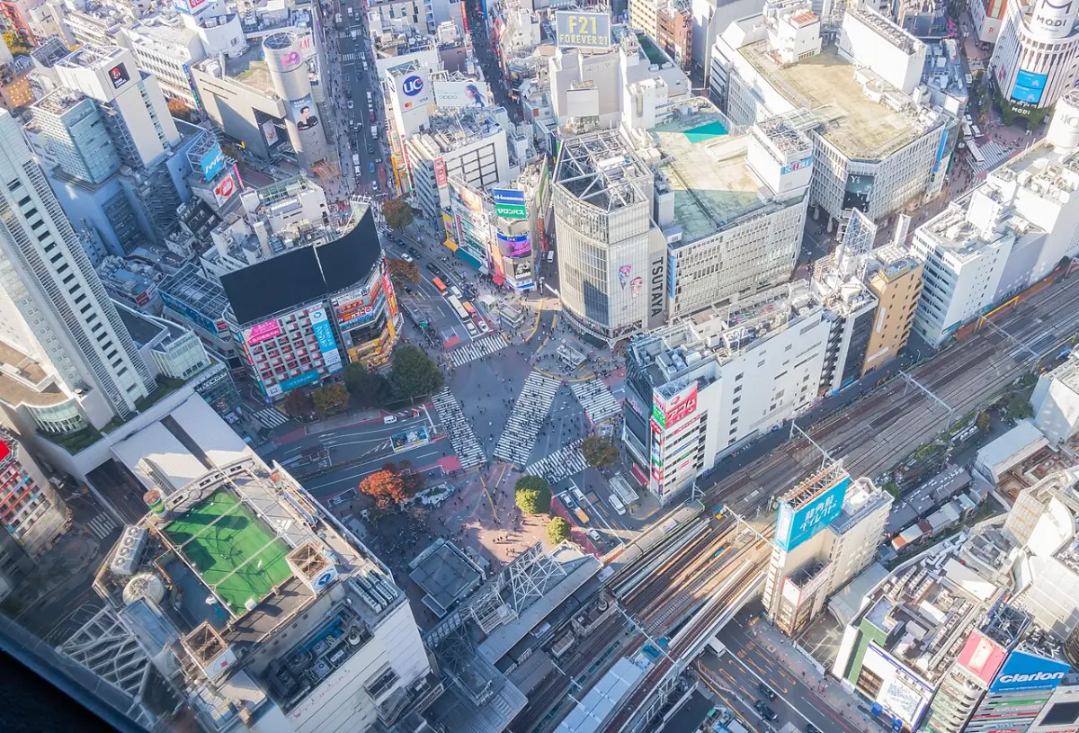 Shibuya Scramble Crossing and surrounding Tokyo streets seen from the SHIBUYA SKY observation deck