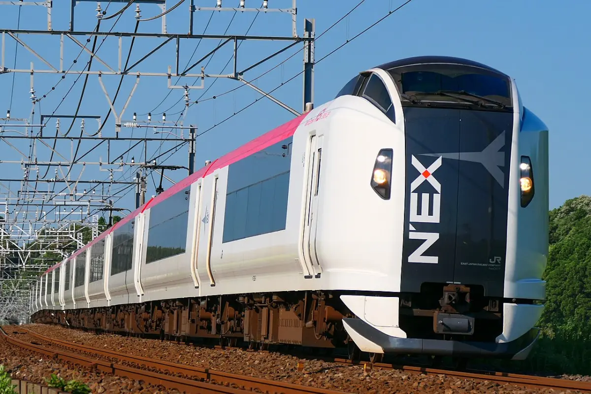 Narita Express (N'EX) E259 series train running on the line between Narita Airport and Tokyo