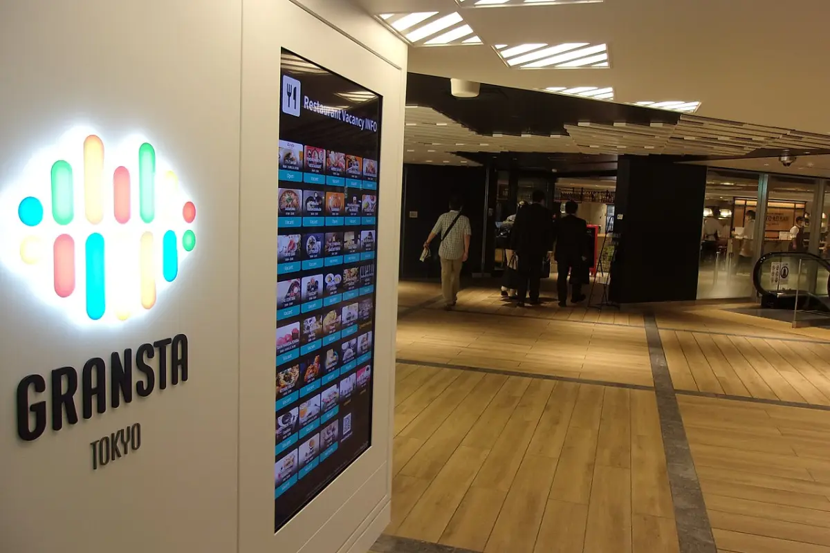 GRANSTA Tokyo entrance inside Tokyo Station with a digital restaurant directory