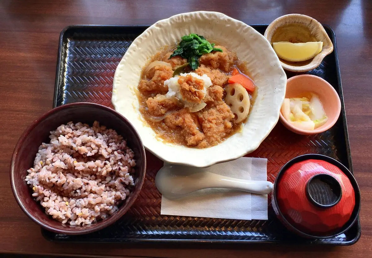 Ootoya set meal with braised chicken, multigrain rice, miso soup and pickles on a tray