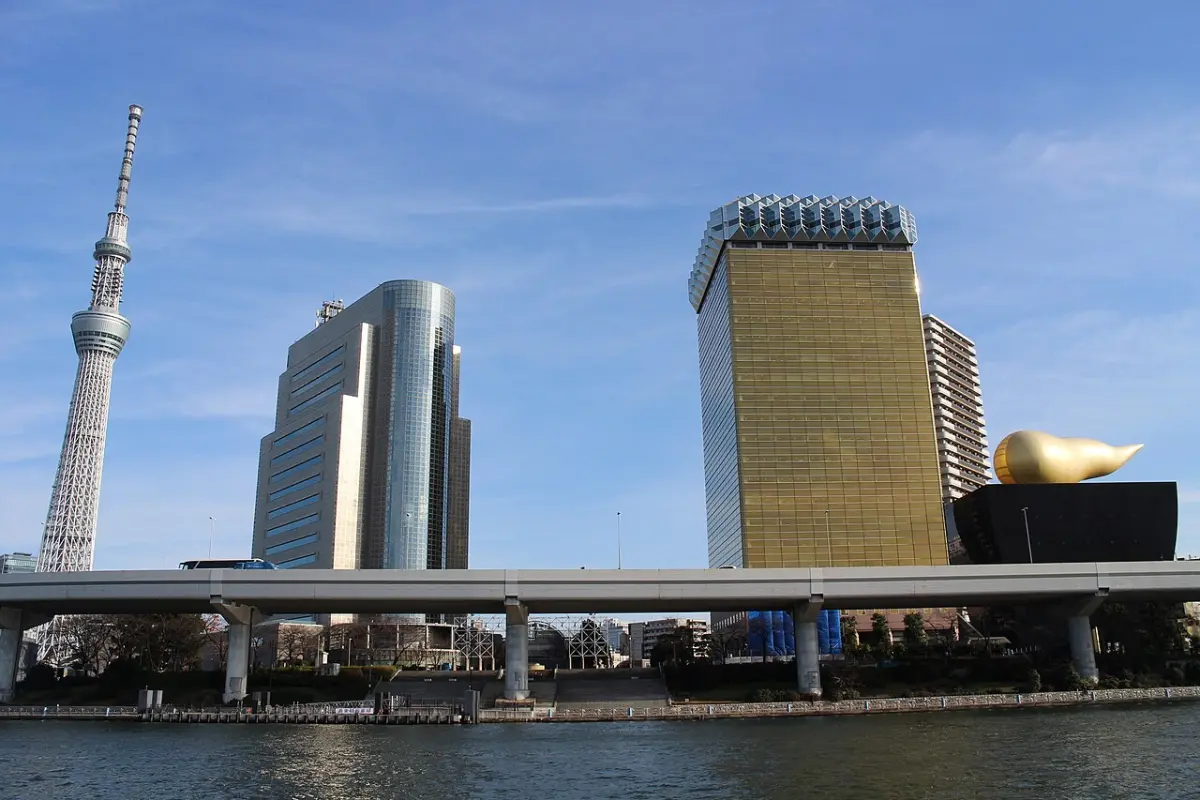 Tokyo Skytree and the Asahi buildings seen across the Sumida River from the Asakusa side