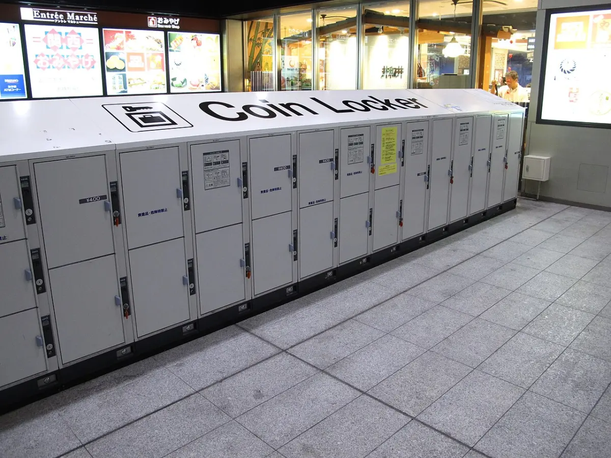 Long row of coin lockers in a Japanese train station